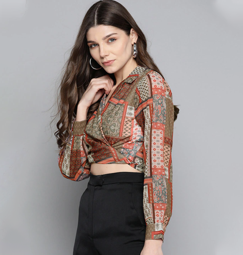 Sassafras Brown & Red Geometric Printed Georgette Wrap Crop Top